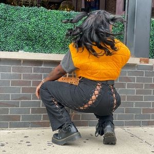 Black lace up jeans in the back